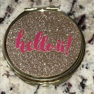 Glittery Gold Compact Mirror with Pink Text